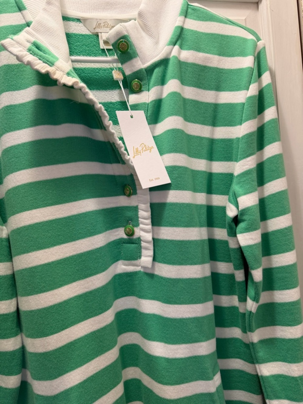 NWT LILLY PULITZER EVANGELINE DRESS SIZE M FAUNA GREEN RESORT WHITE STRIPE - Picture 2 of 12